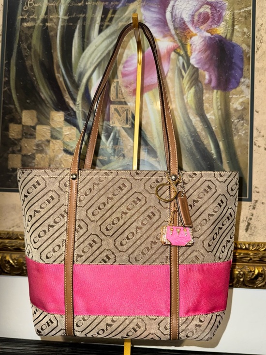 Coach Handbags - Coach 2008 Lozenge Brown Canvas Leather Trim Stripe Zipper Closure Tote Bag -GUC